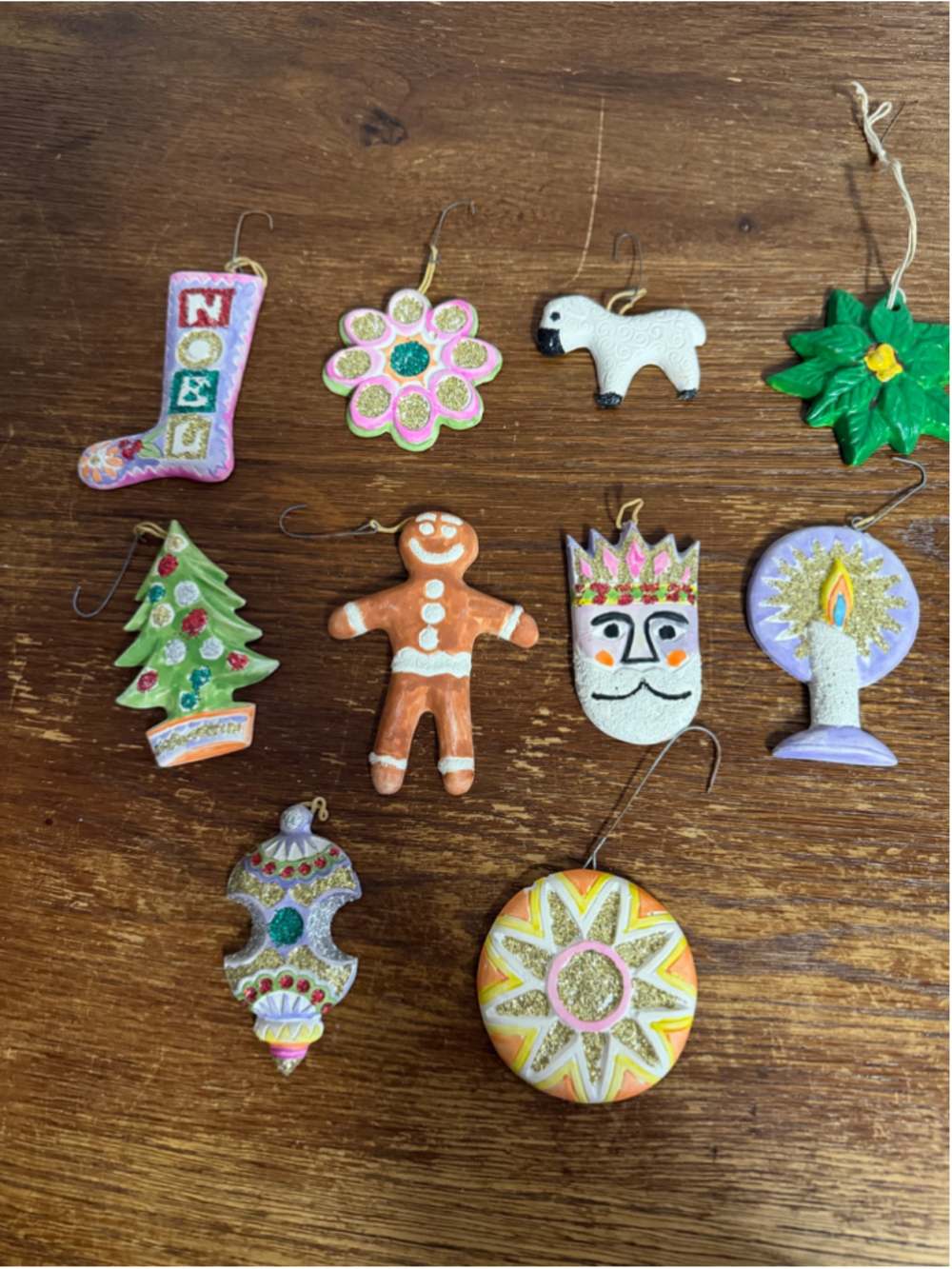 Vintage Handmade Clay Salt Dough Christmas Ornaments Lot 10 Folk Art Glitter